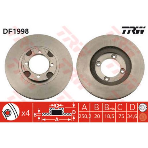 TRW Brake Rotor Pair 250.2mm Front DF1998S