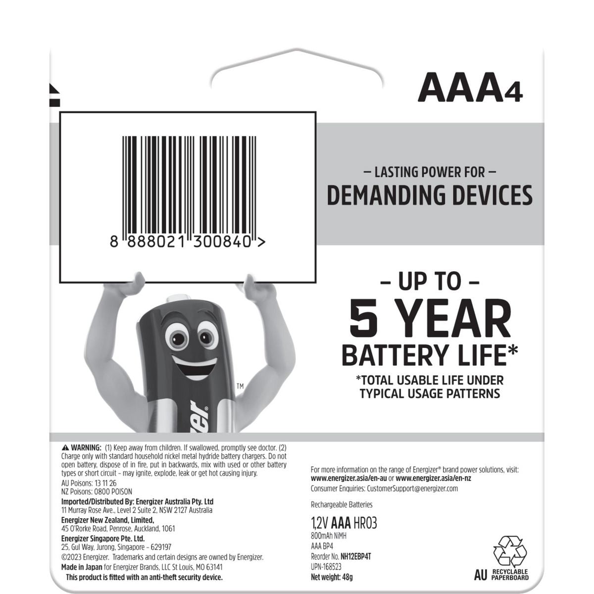 Energizer AAA Battery Recharge 4Pk NH12BP4T