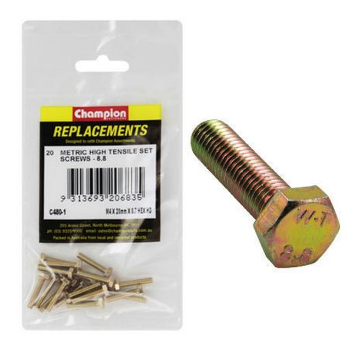 Champion Fasteners Hex Set High Tensile-M4 X 20mm-Grade 8.8 Screws C480-1