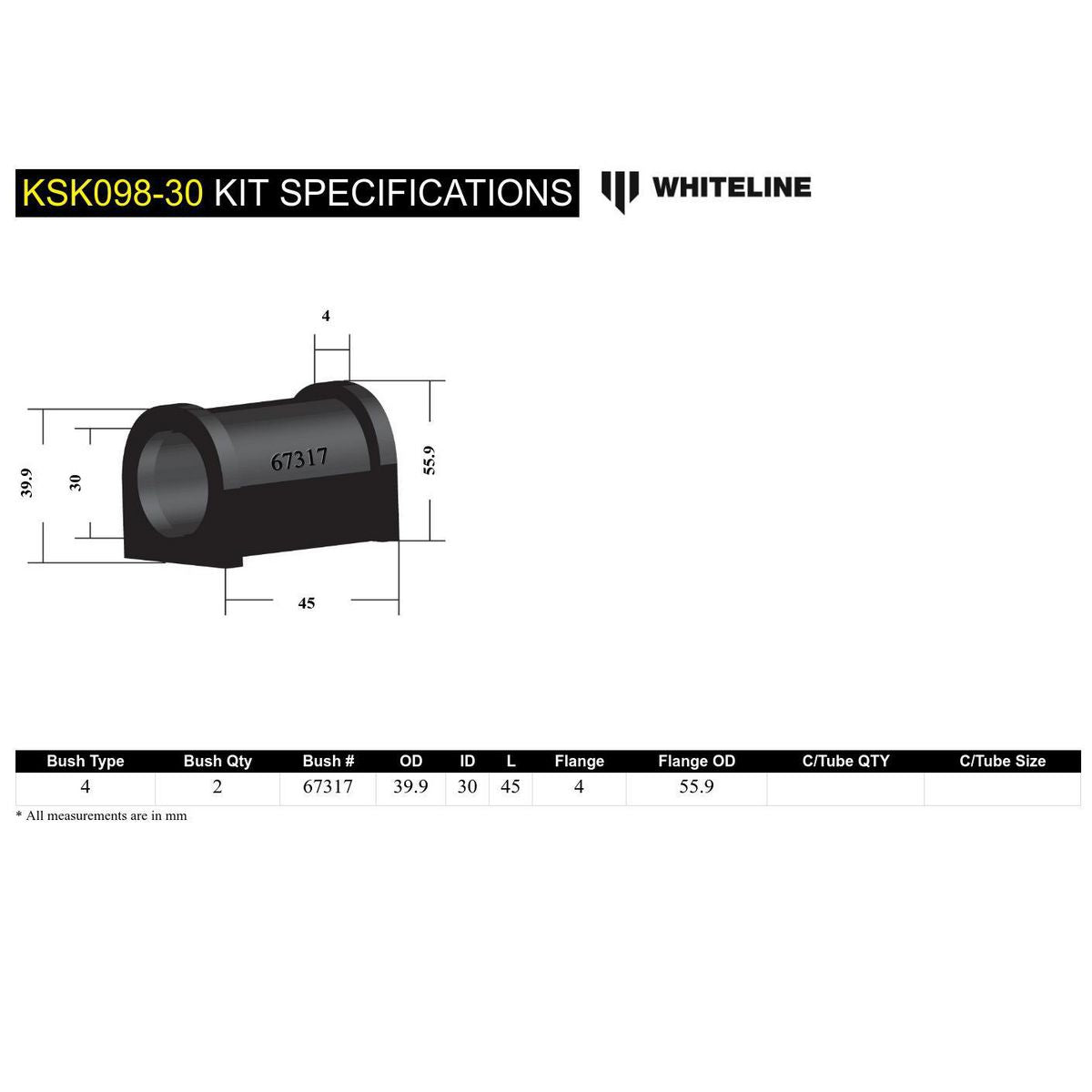 Whiteline KSK098 30 Sway Bar Service Kit