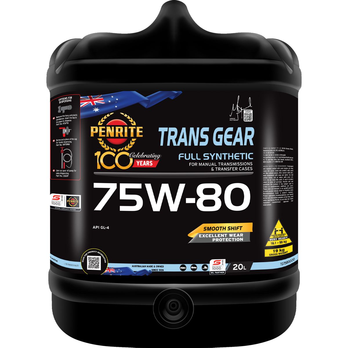 Penrite Trans Gear SAE 75W-80 Full Synthetic Engine Oil 20L TG7580020