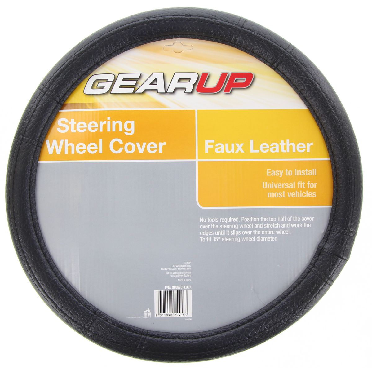 Gearup Steering Wheel Cover 15" Faux Leather Black GUSWCFLBLK