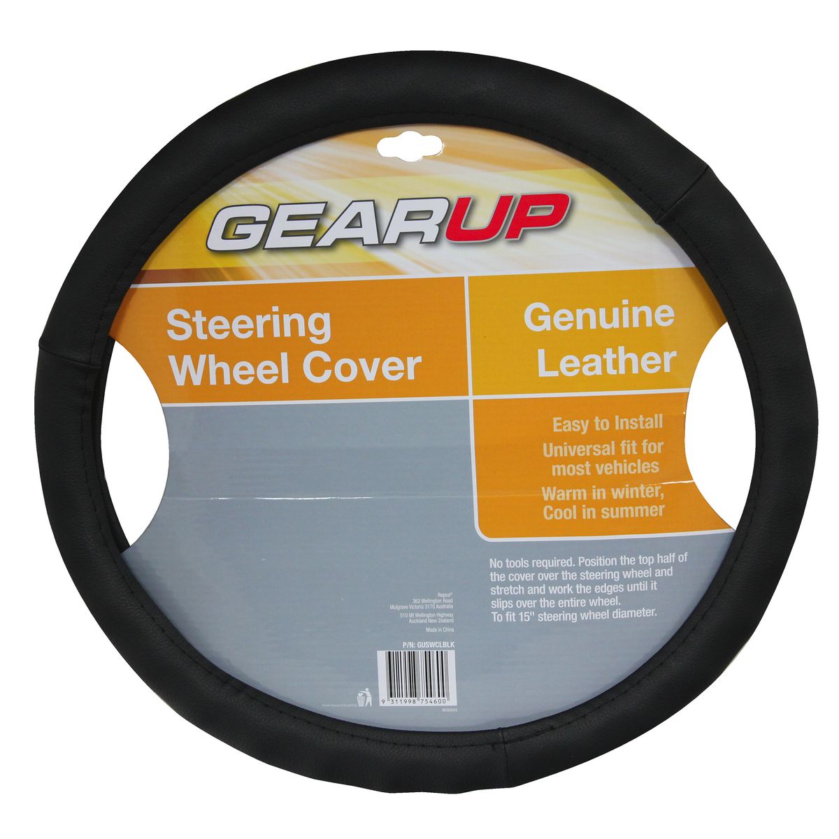 Gearup Steering Wheel Cover 15" Leather Black GUSWCLBLK