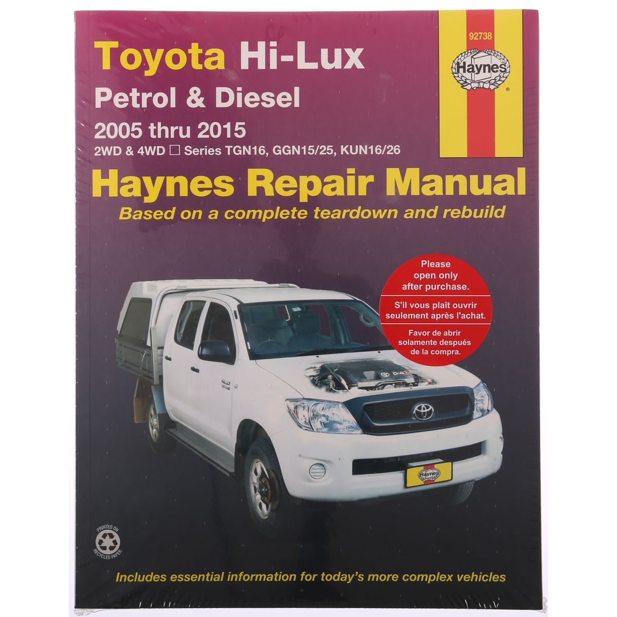 Haynes Repair Manual Suits Toyota Hi Lux 4x4 & 4x2 05-15 92738