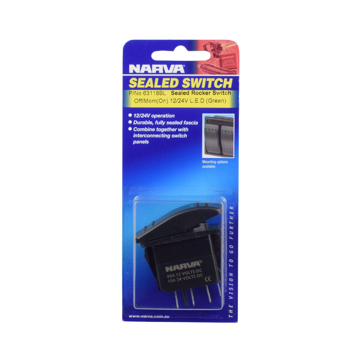 Narva Sealed Rocker Switch Off/ Mom On Green Led 20A At 12V 63118BL