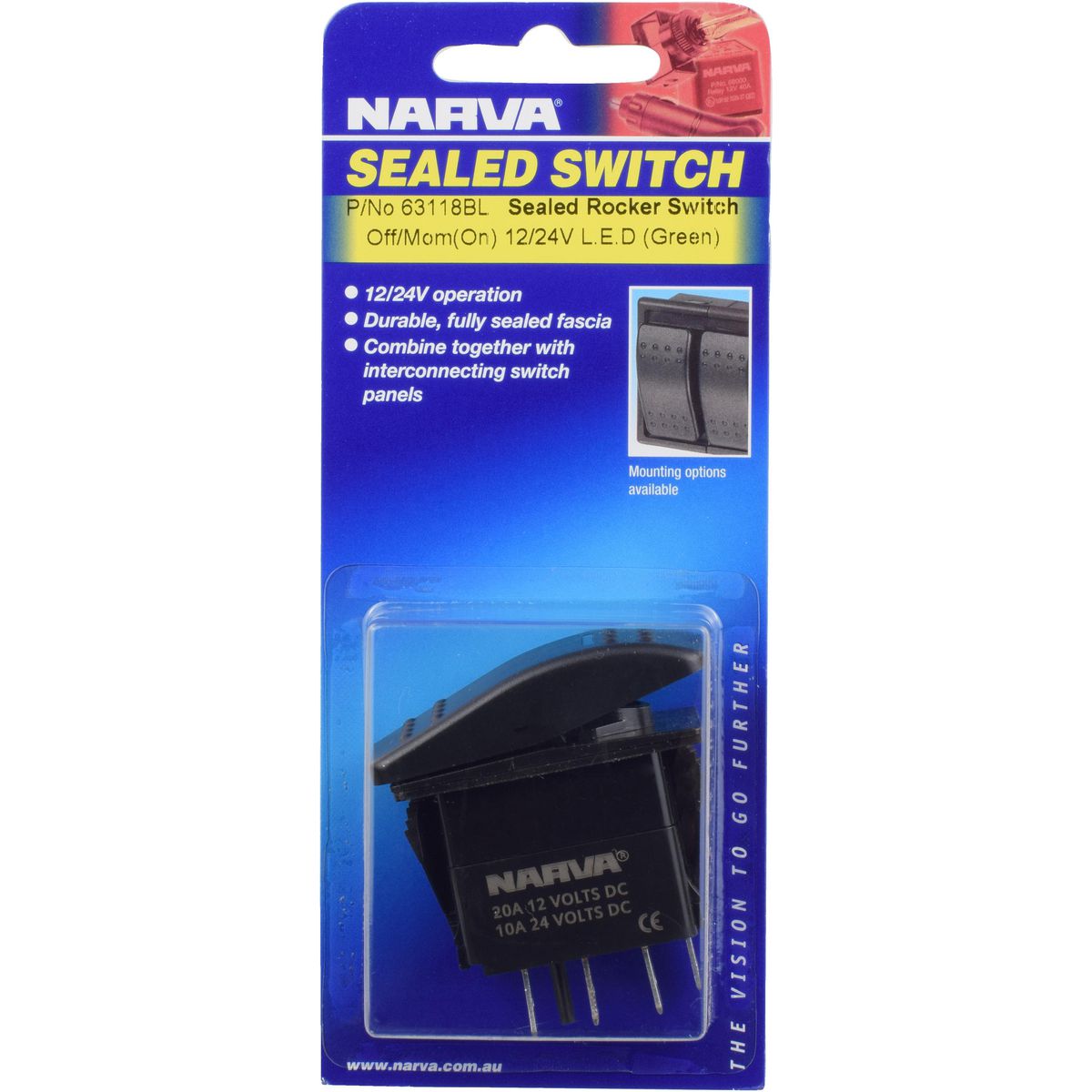 Narva Sealed Rocker Switch Off/ Mom On Green Led 20A At 12V 63118BL