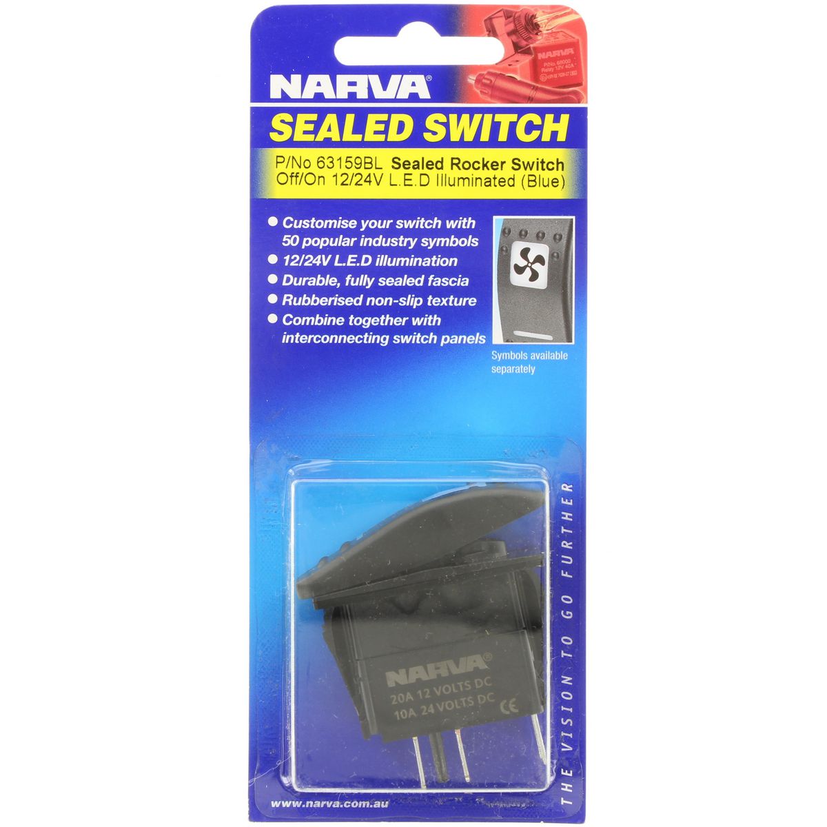 Narva Switch Rocker Illuminated On Off Blue 63159BL