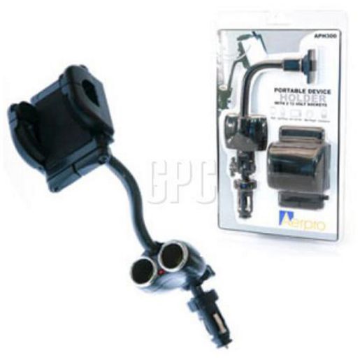 Aerpro Twin Cigarette Socket Adaptor With Phone Holder And Adjustable Arm 12V APH300