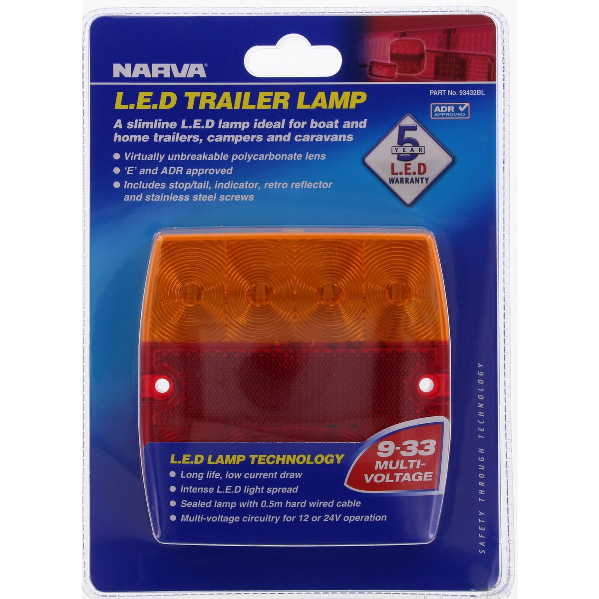 Narva LED Slimline Stop/Tail Indicator Lamp Square 9-33V 93432BL