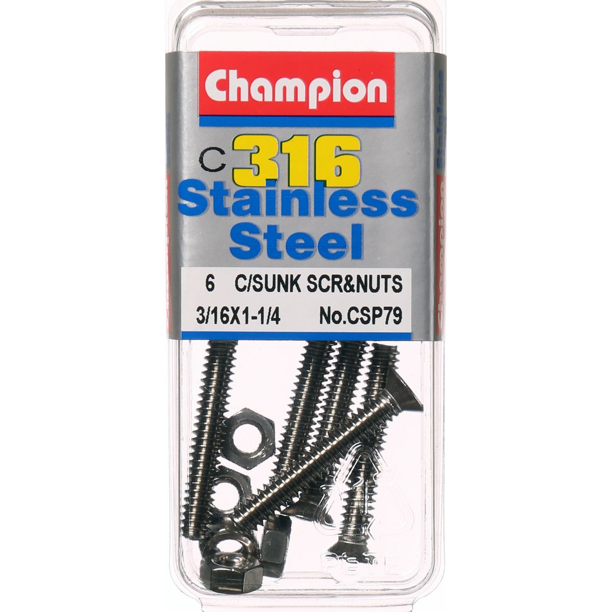 Champion Fasteners Machine Screw & Nut Csk Phillips Stainless Steel 3/16Inx1 1/4In 316/A4 CSP79