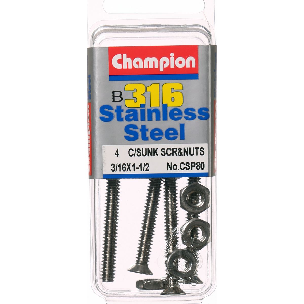Champion Fasteners Machine Screw & Nut Csk Phillips Stainless Steel 3/16Inx1 1/2In 316/A4 CSP80