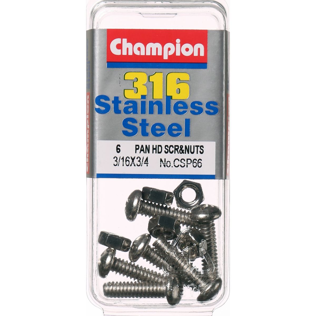 Champion Fasteners Machine Screw & Nut Pan Phillips Stainless Steel 3/16Inx3/4In 316/A4 CSP66