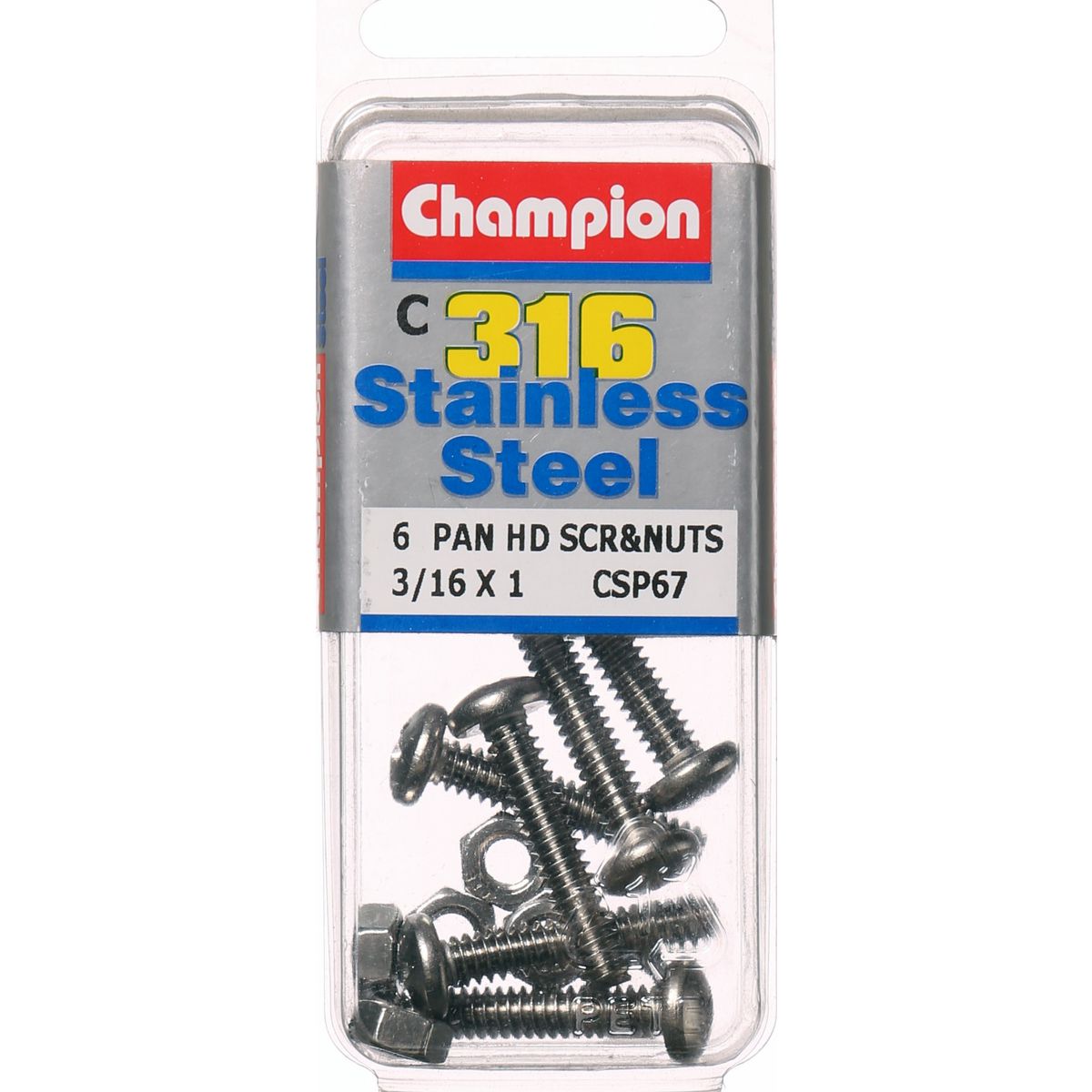 Champion Fasteners Machine Screw & Nut Pan Phillips Stainless Steel 3/16Inx1In 316/A4 CSP67