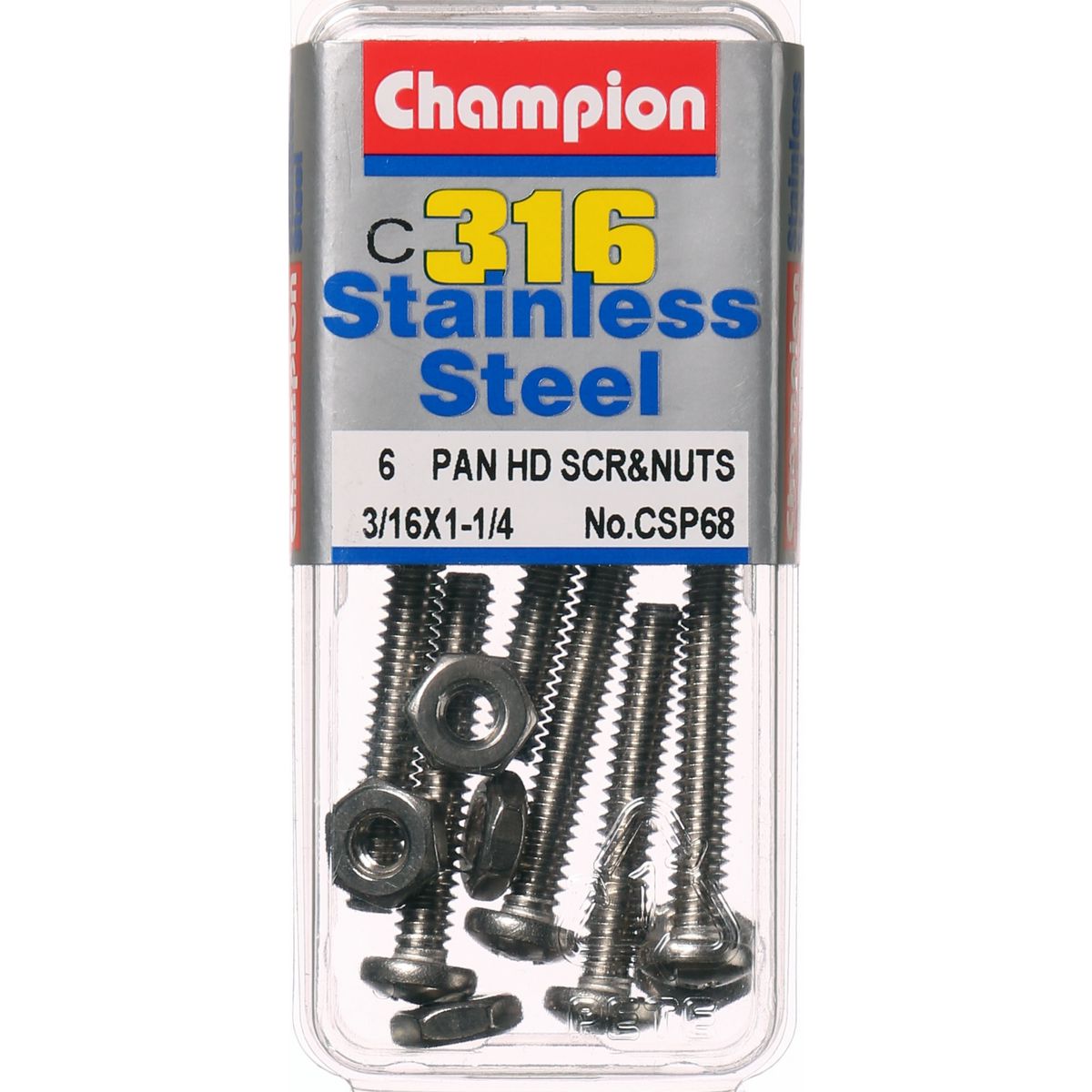 Champion Fasteners Machine Screw & Nut Pan Phillips Stainless Steel 3/16Inx1 1/4In 316/A4 CSP68