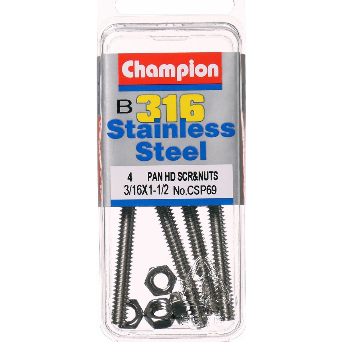 Champion Fasteners Machine Screw & Nut Pan Phillips Stainless Steel 3/16Inx1 1/2In 316/A4 CSP69