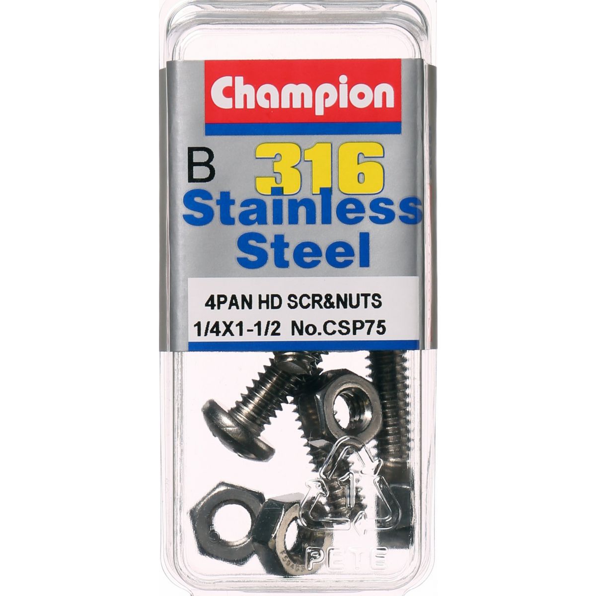 Champion Fasteners Machine Screw & Nut Pan Phillips Stainless Steel 1/4Inx1 1/2In 316/A4 CSP75