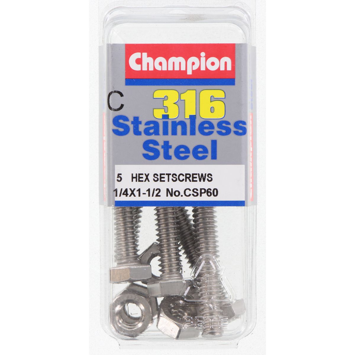 Champion Fasteners Hex Set Screw & Nut Stainless Steel 1/4Inx1 1/2In Unc 316/A4 CSP60