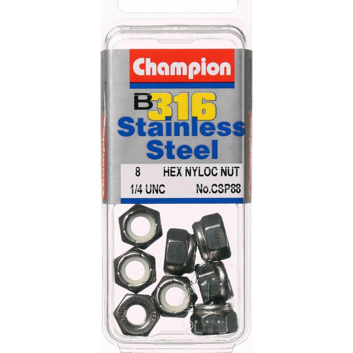 Champion Self Locking Hex Nut Nylon Stainless 1/4" UNC 8Pk CSP88