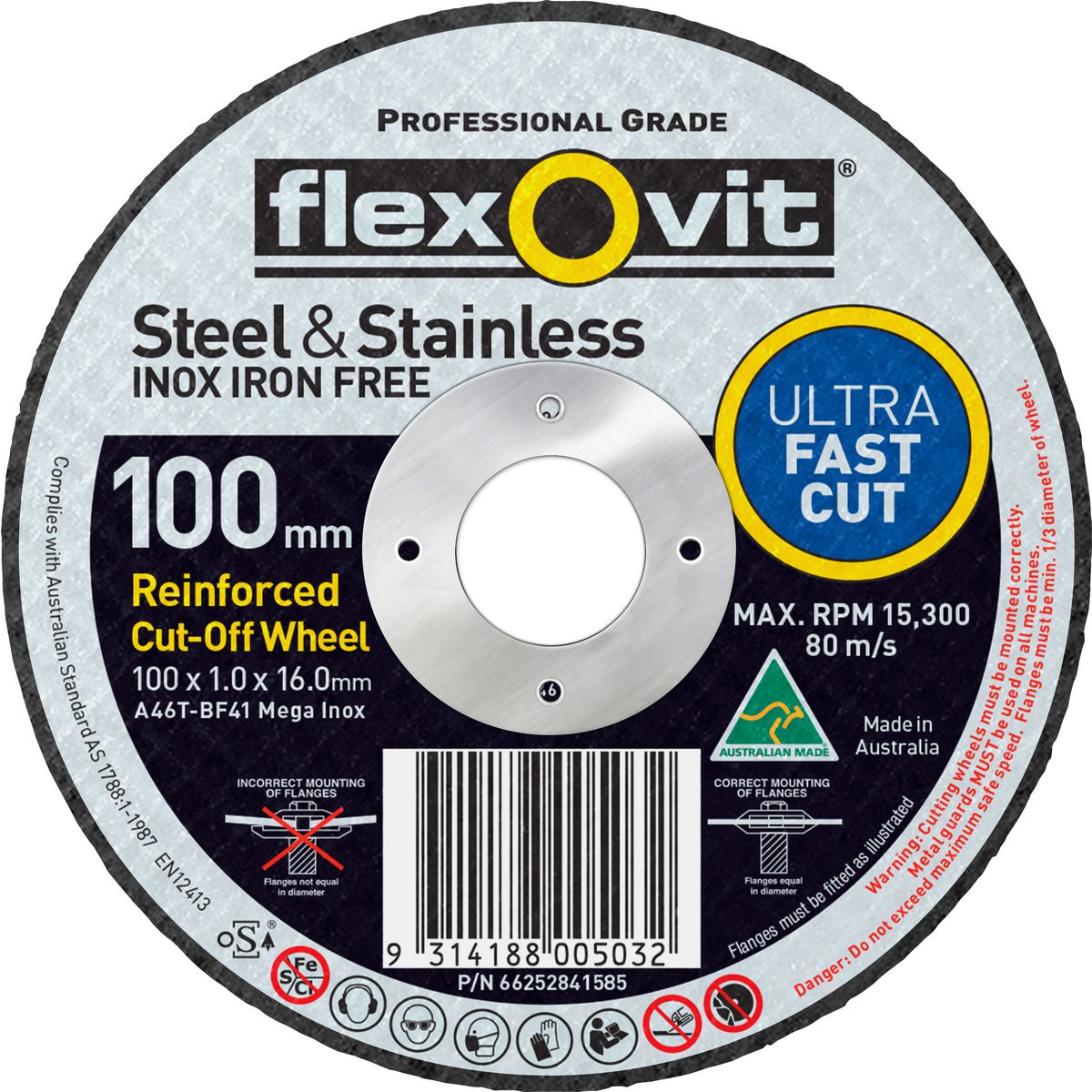 Flexovit Mega Inox Ultra Thin Reinforced Cut Off Wheel S/S A46T 100x1x16mm 66252841585