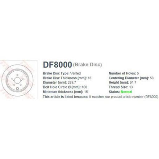 TRW Brake Rotor 289.7mm Rear DF8000S