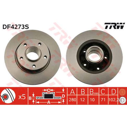 TRW Brake Rotor 280mm Rear DF4273S