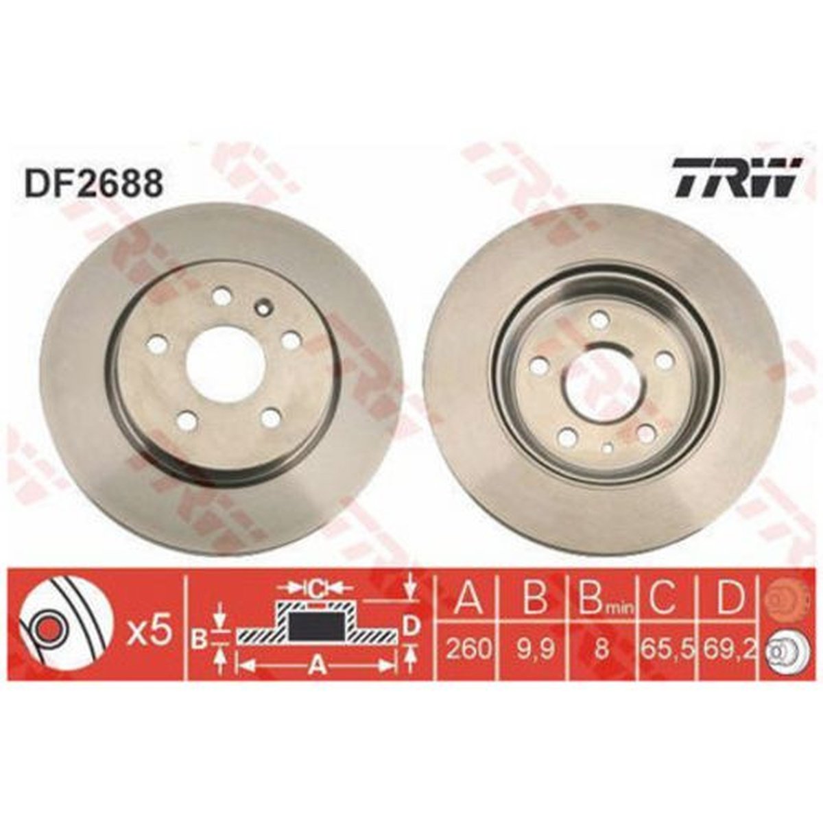 TRW Brake Rotor Pair 260mm Rear DF2688S
