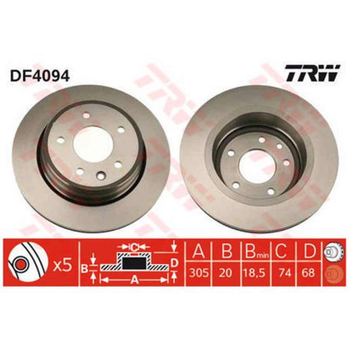 TRW Brake Rotor Pair 305mm Rear DF4094S
