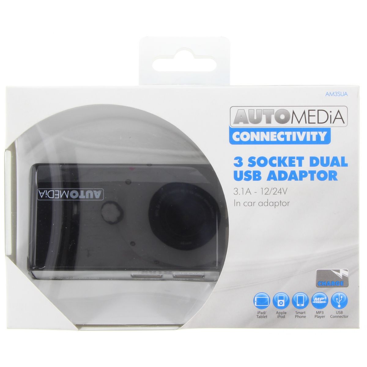 Automedia USB Charger Adaptor 3 Socket Dual USB AM3SUA