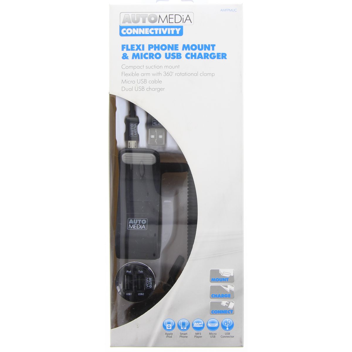 Automedia Phone Holder with Flexible Arm & Charger Clip AMFPMUC