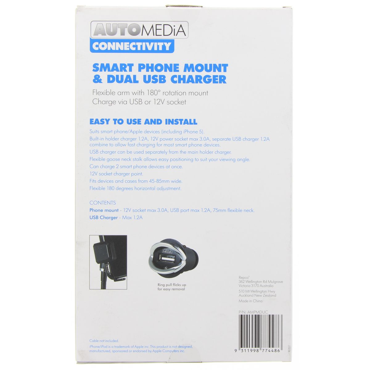 Automedia Phone Holder Dual USB 3A AMPMDUC