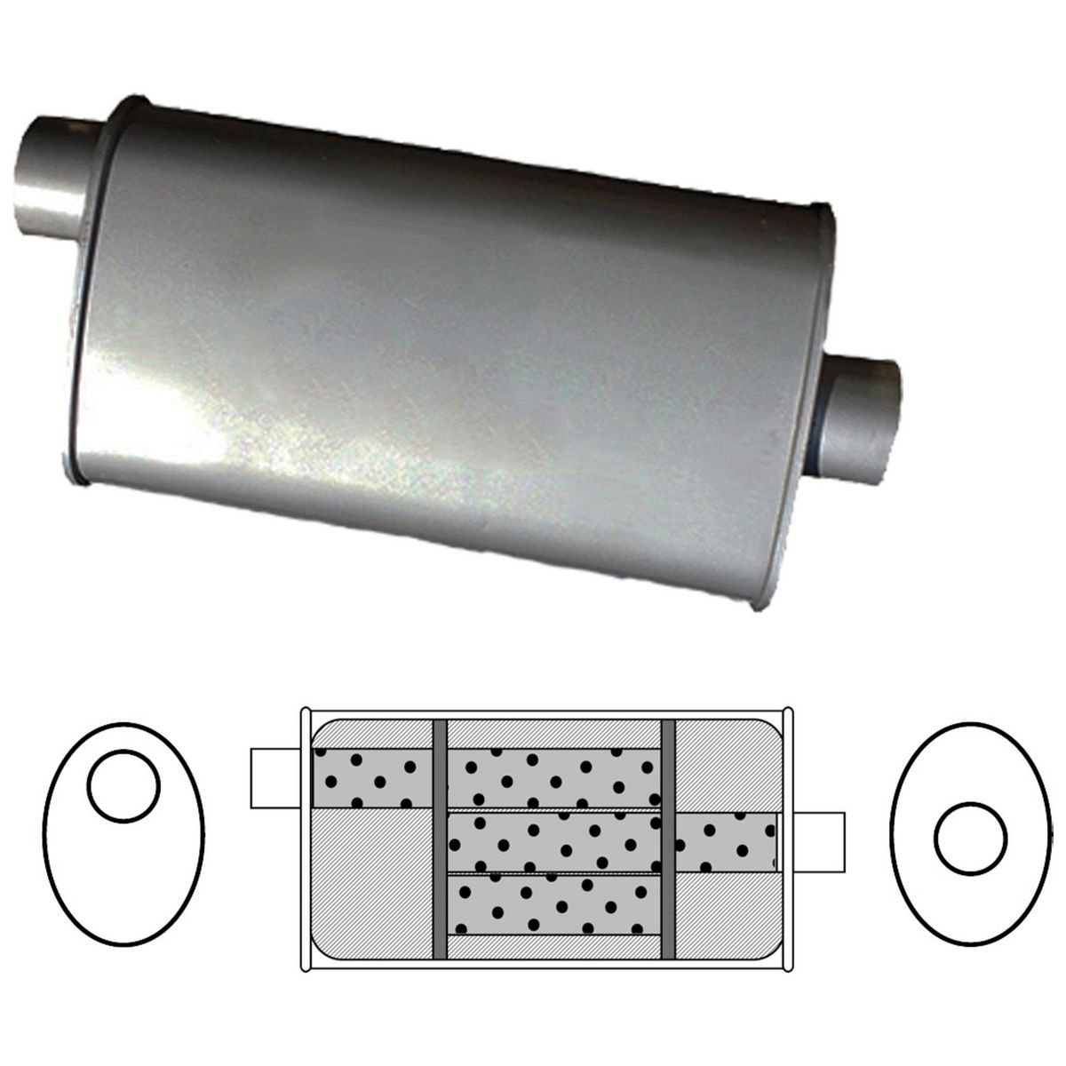 Redback Oval Muffler 16" Long 1.75" Offset/Centre Triflow Mild J335