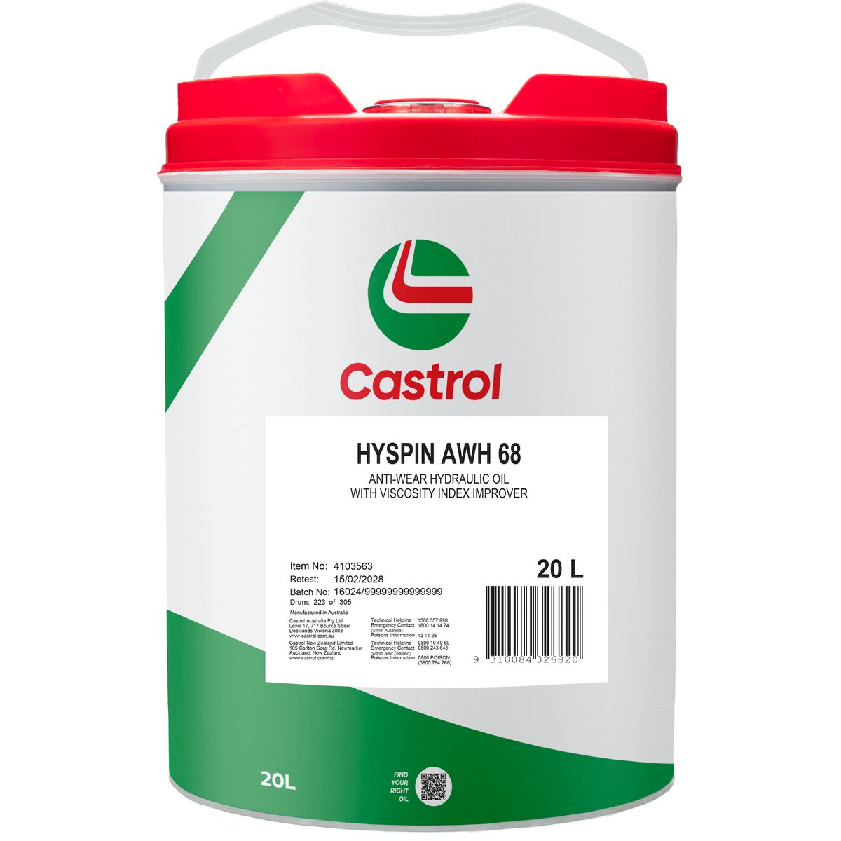 Castrol HYSPIN ISO 68 AWH Hydraulic Fluid 20L 4103563