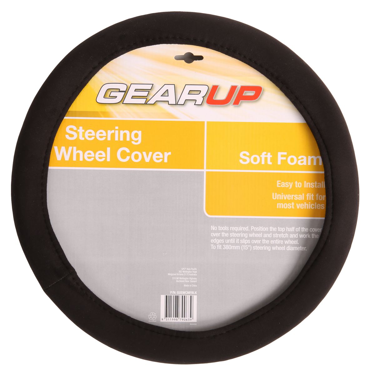 Gearup Steering Wheel Cover 15" Soft Foam Black GUSWCMFBLK