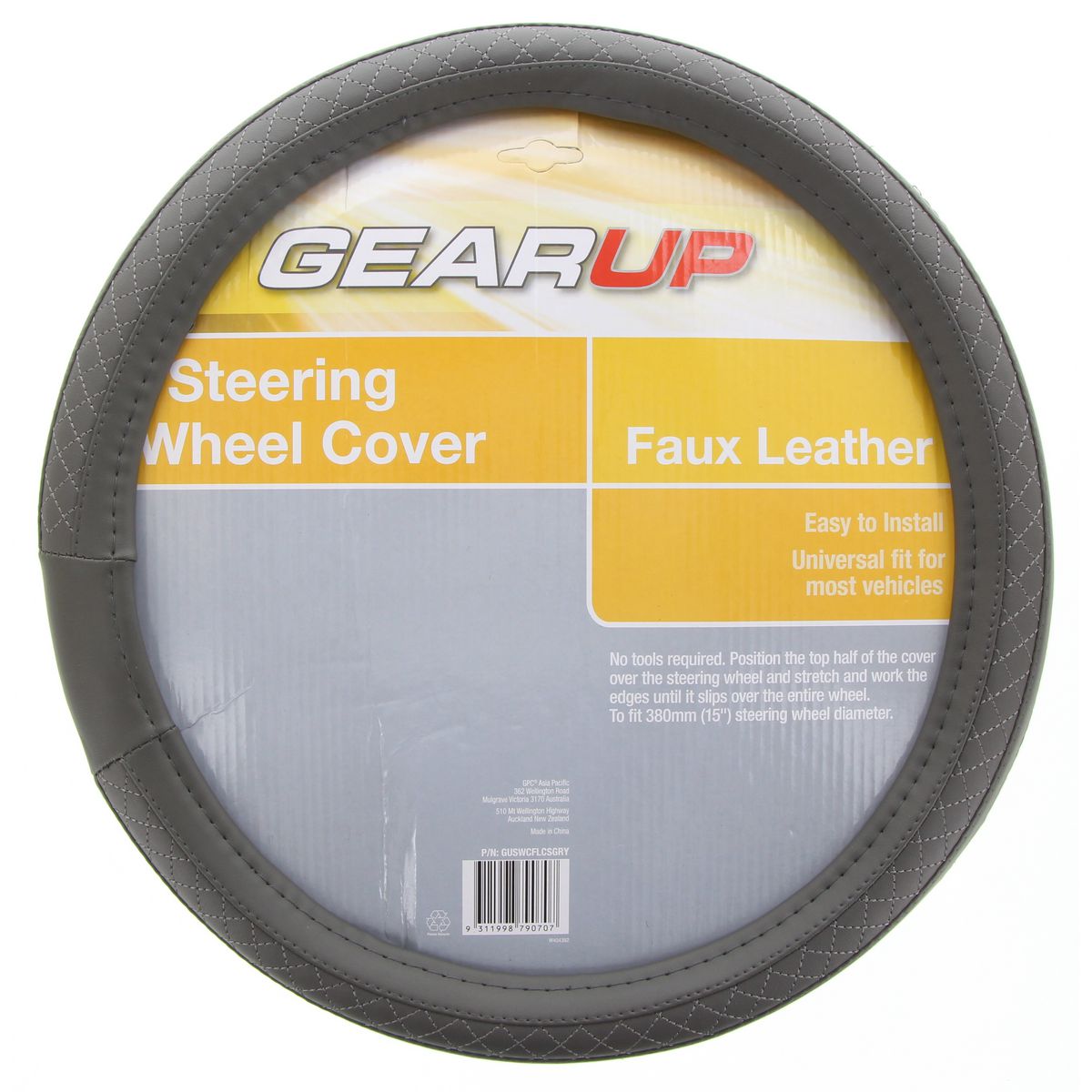 Gearup Steering Wheel Cover 15" Faux Leather Grey GUSWCFLCSGRY