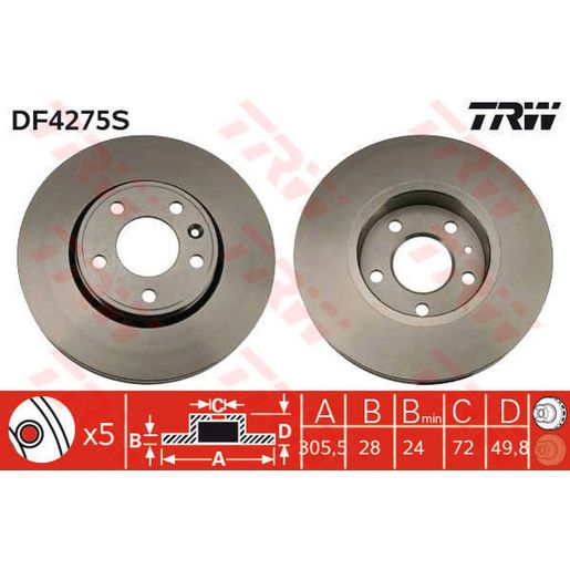TRW Brake Rotor 305.5mm Front DF4275S
