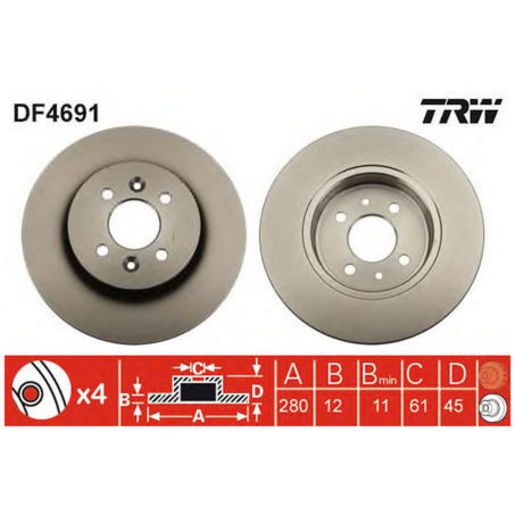 TRW Brake Rotor Pair Rear DF4691S