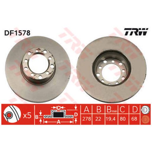TRW Brake Rotor Pair 278mm Rear DF1578S
