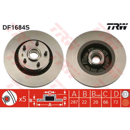 TRW Disc Brake Rotor 287Mm DF1684S