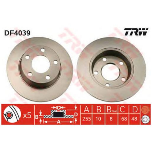 TRW Brake Rotor Pair 255mm Rear DF4039S