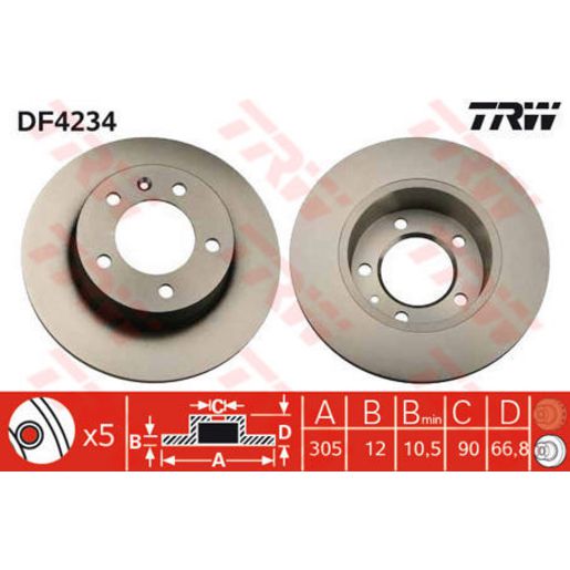 TRW Brake Rotor Pair 305mm Rear DF4234S