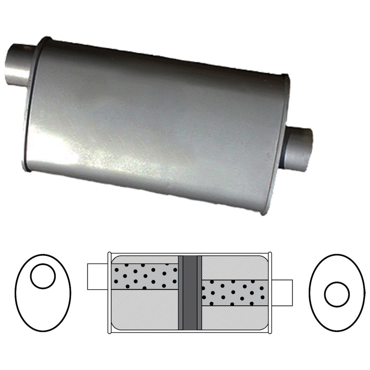 Redback Oval Muffler 16" Long 2" Offset/Centre Glass Packed Mild J535GPC