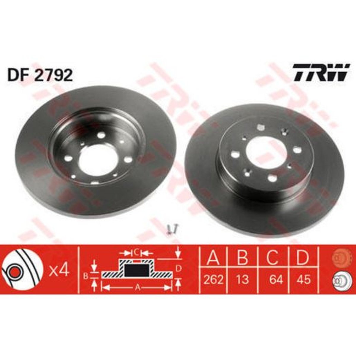 TRW Brake Rotor Pair 262mm Rear DF2792S