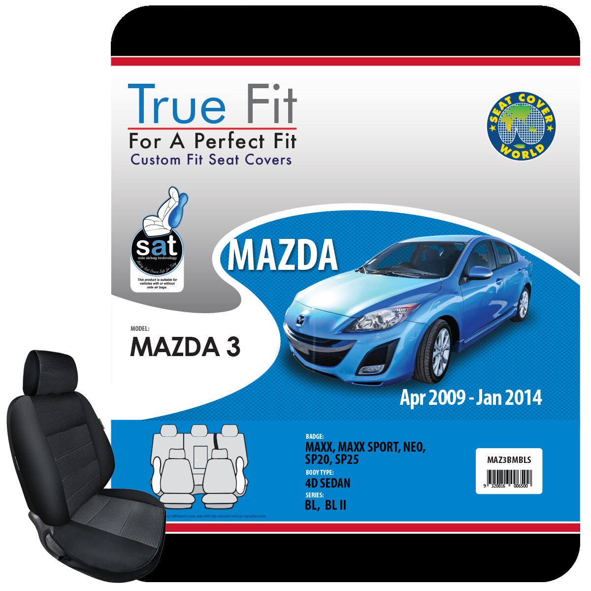 SCW Tailored Car Seat Covers Double Row Mazda 3 Sedan Apr-09 To Jan-14 MAZ3BMBLS