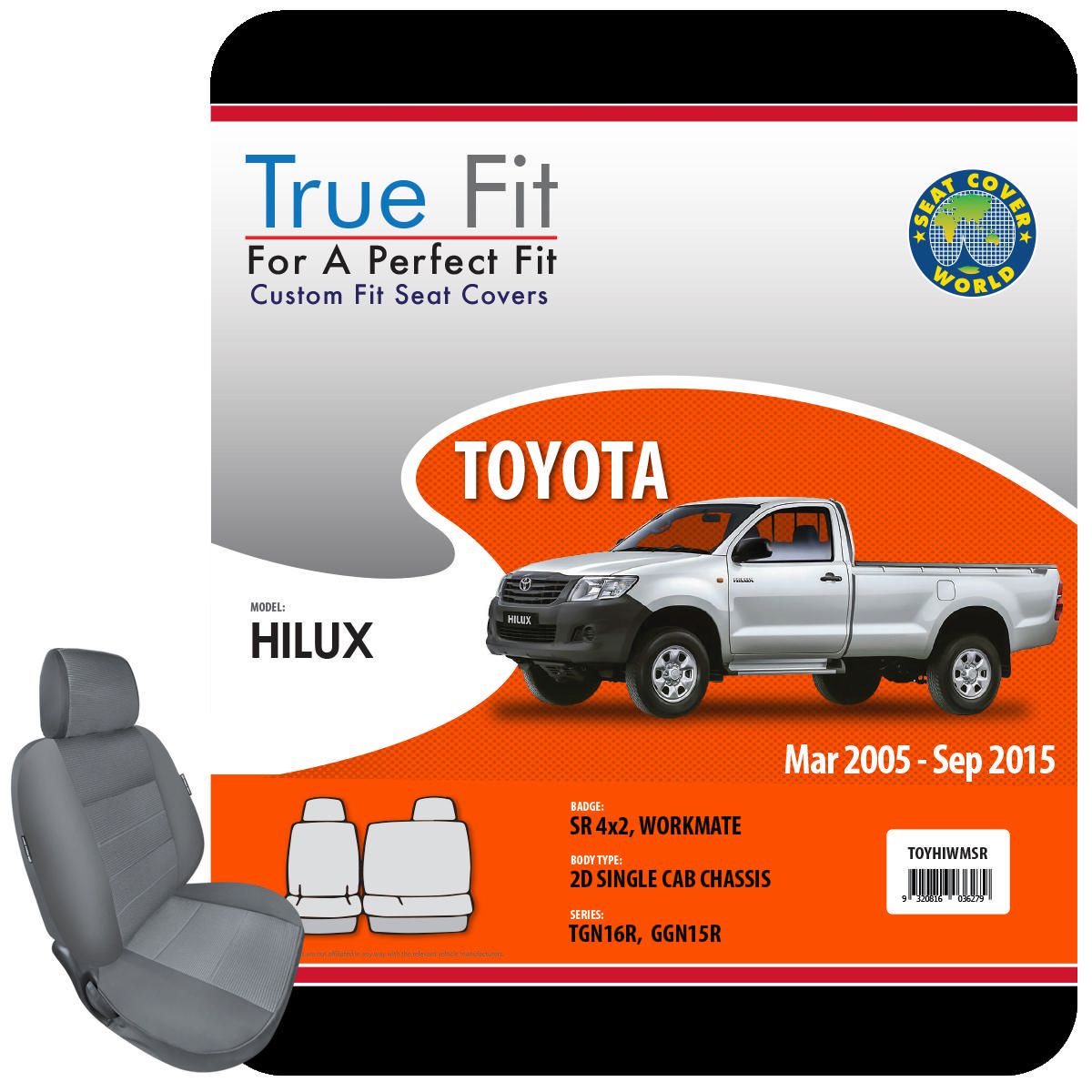 SCW Tailored Seat Cover Single Row Hilux Sr 4X2 Sr 4X2, Workmate 2005- 2015 TOYHIWMSR