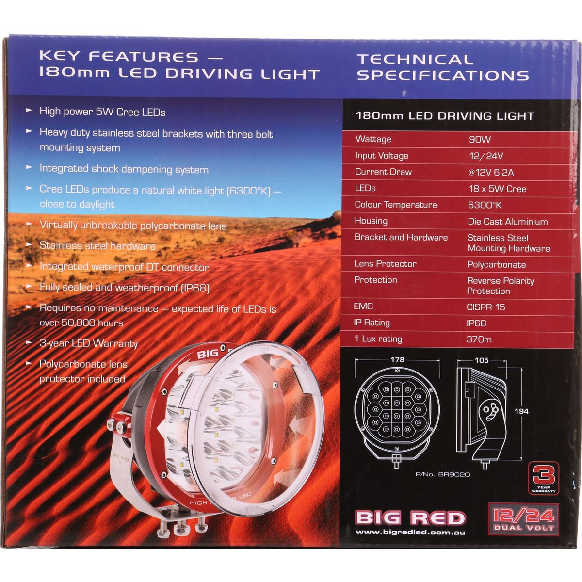 Big Red High Power LED Driving Lamp 180mm BR9020