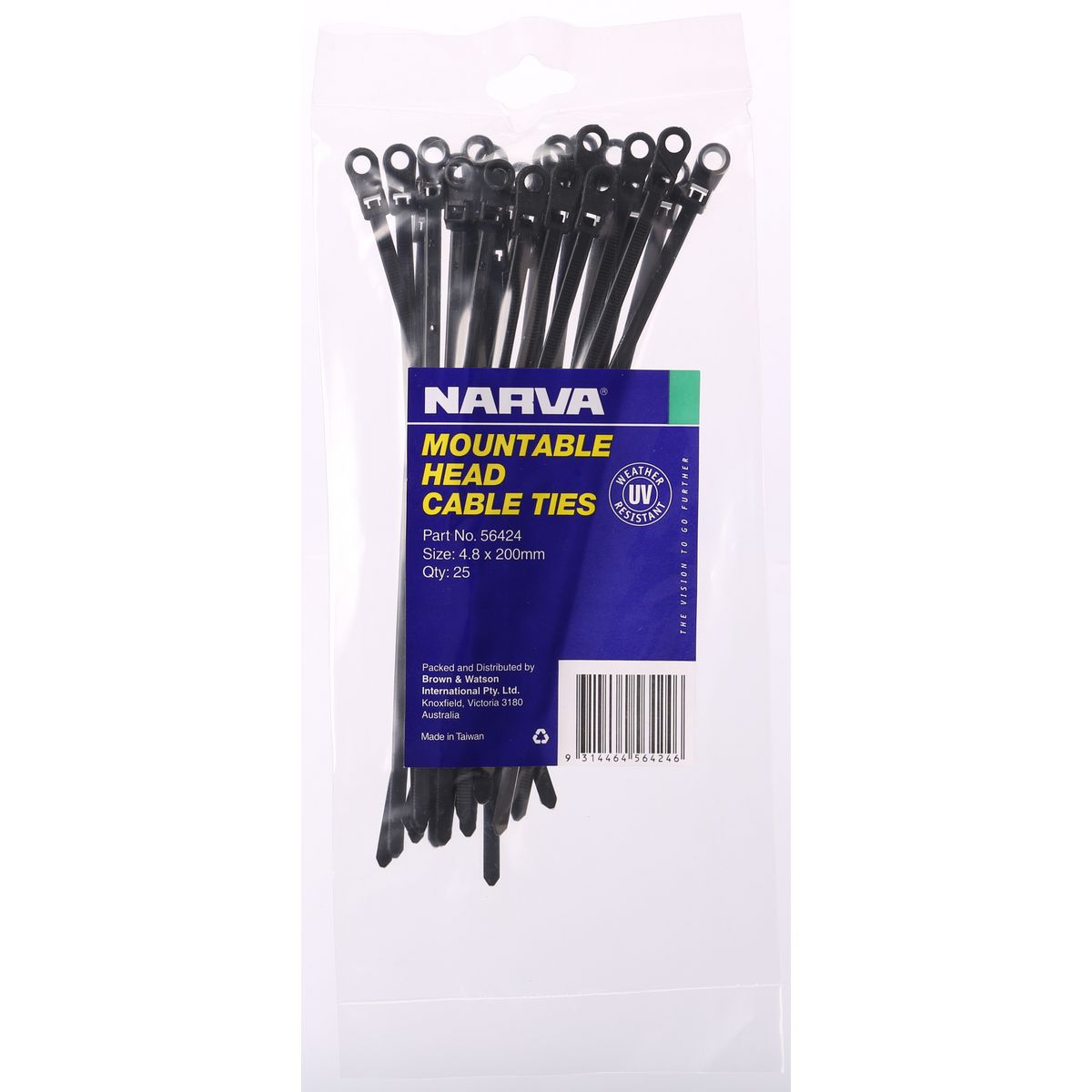 Narva Mountable Head Cable Tie 4.8x200mm (25Pk) 56424