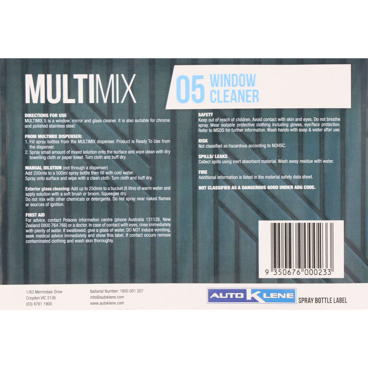 Auto Klene MultiMix 05 Spray Bottle Label MM5LABEL
