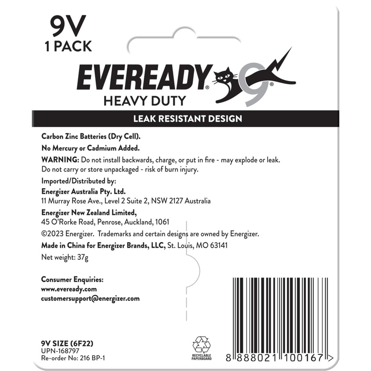 Eveready 9V Battery Heavy Duty 1Pk 216BP1
