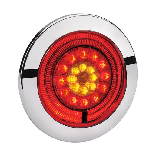 Narva 933 Volt Led Rear Stop (Red) And Direction Indicator Lamp (Amber) With Red Led Tail Ring, 125Mm Contoured Chrome Cover 95610