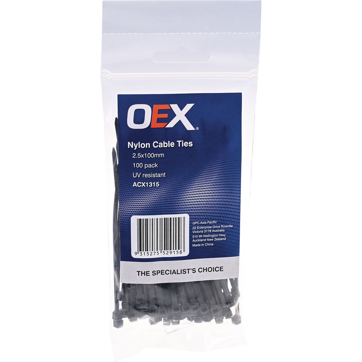 OEX Nylon Cable Ties 2.4mm x 100mm Black 100 Pack ACX1315